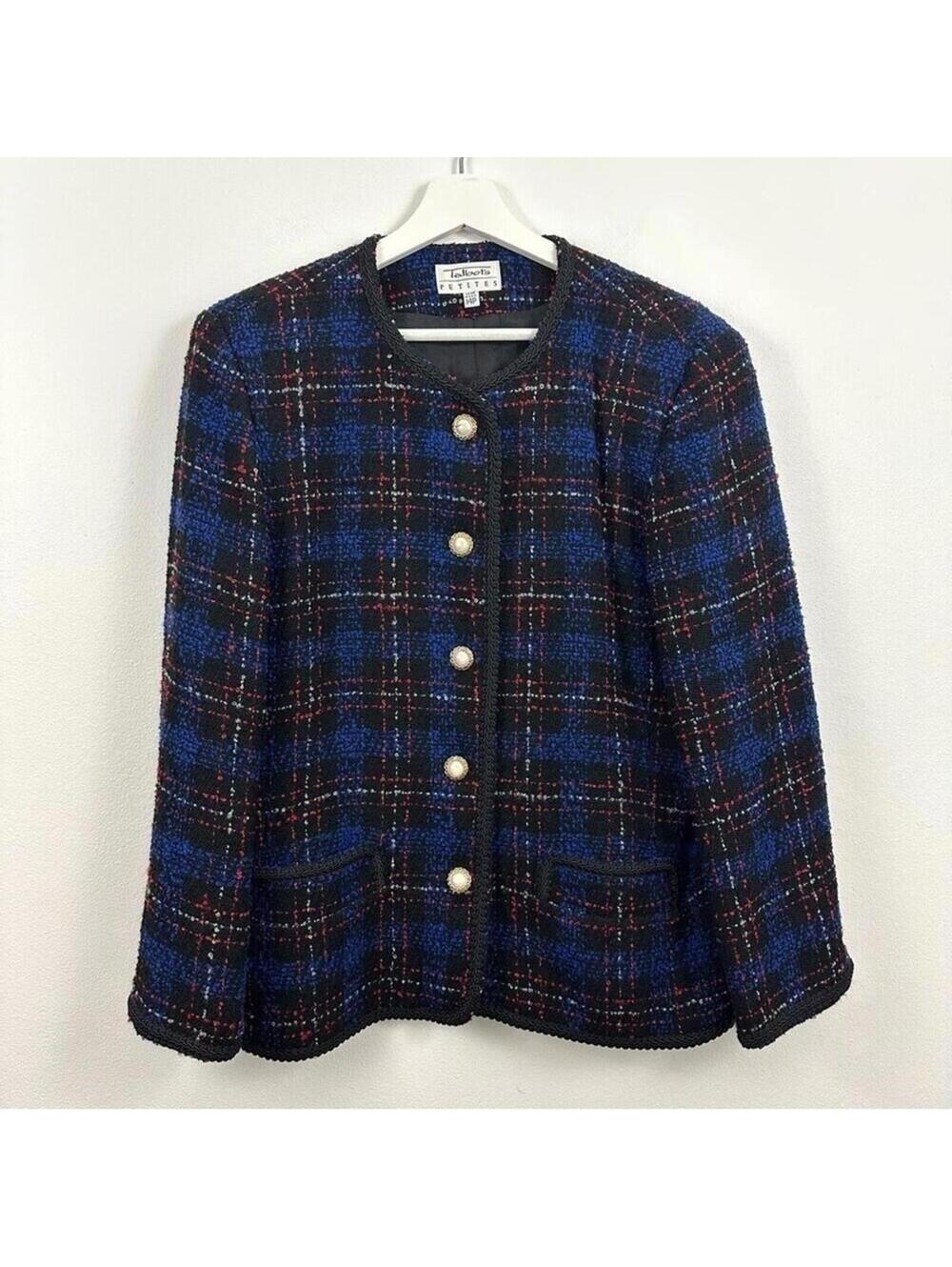 Vintage Talbots Tweed Multicolor Plaid Button Down Blazer Size 14P